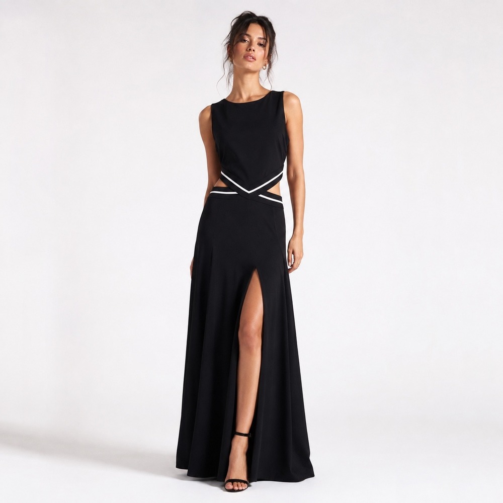 New York & Company Black Cutout Maxi Dress White Trim High Slit Gown Small